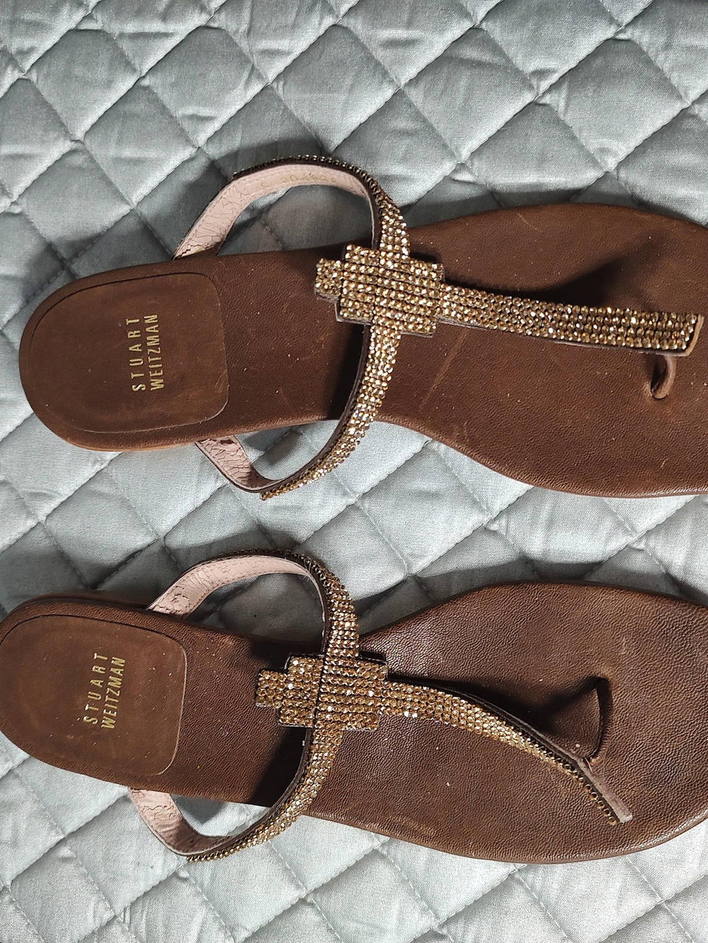 Stuart Weitzman Brown Sandals with Gold Crystal T-Strap